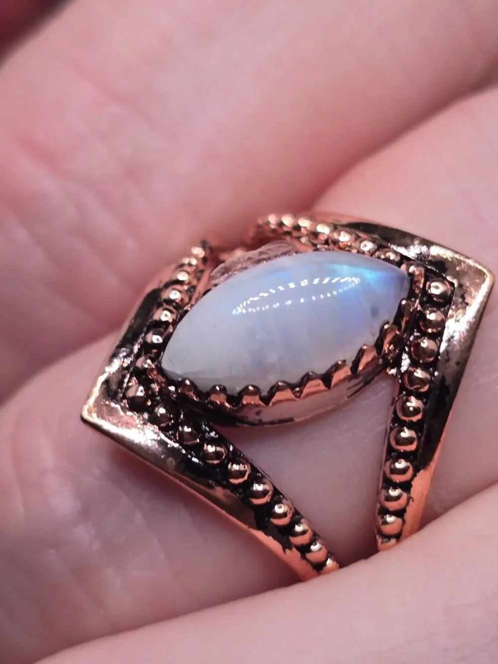 Moonstone Copper Marquise Ring Size 7 Blue Flash Gemstone Jewelry